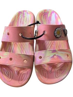 Crocs Women’s Pink Tie Dye Slide Sandals Double Strap Jibbitz